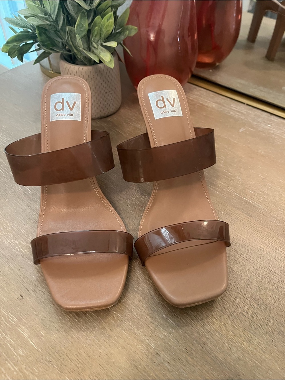 Dolce Vita Brown Two-Band Clear Strap Mules